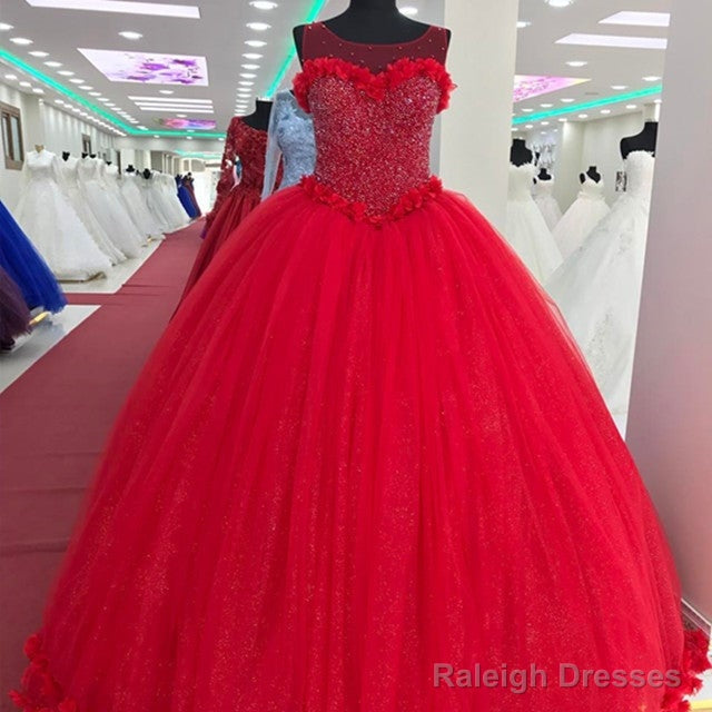 Tulle Scoop Neck Crystal Beaded Bodice Ball Gowns Flower Wedding Dresses Main image