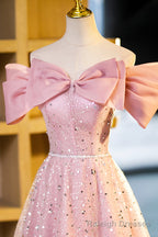 Tulle Sequins Long Prom Dress, Pink Off Shoulder Evening Dress