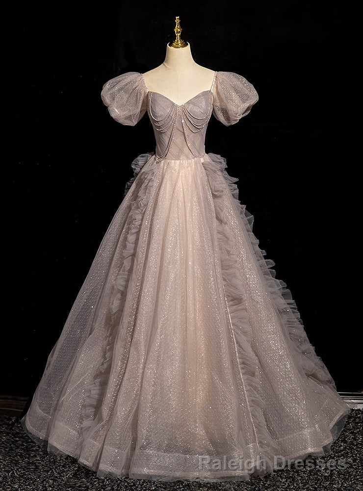 Tulle Sequins Puff Sleeve Beading Prom Dress