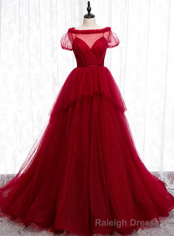 Tulle Short Sleeve Pleats Backless Burgundy Prom Dress