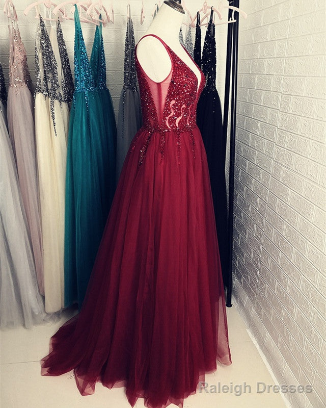 Tulle Split Dress Crystal Beaded V Neck