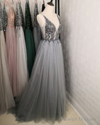 Tulle Split Dress Crystal Beaded V Neck