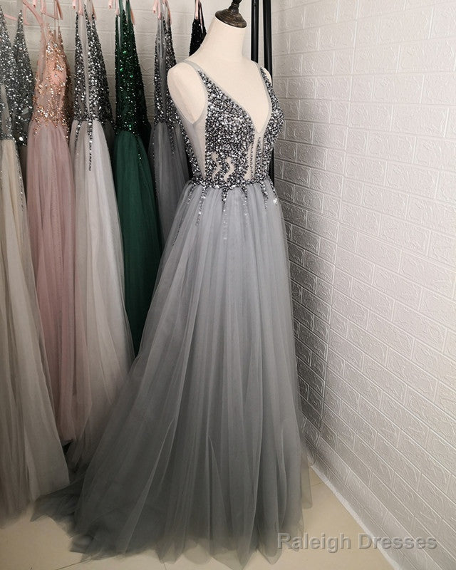 Tulle Split Dress Crystal Beaded V Neck