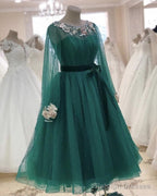 Tulle Tea Length Evening Dress Long Sleeves Embroidery Beaded