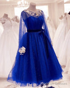 Tulle Tea Length Evening Dress Long Sleeves Embroidery Beaded