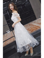 Tulle Tea Length Off The Shoulder Wedding Dresses With Flowers