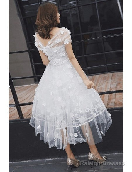 Tulle Tea Length Off The Shoulder Wedding Dresses With Flowers