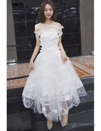 Tulle Tea Length Off The Shoulder Wedding Dress With Flowers
