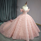 Tulle Tufted Pink Floral Quinceaera Ball Gown Dress