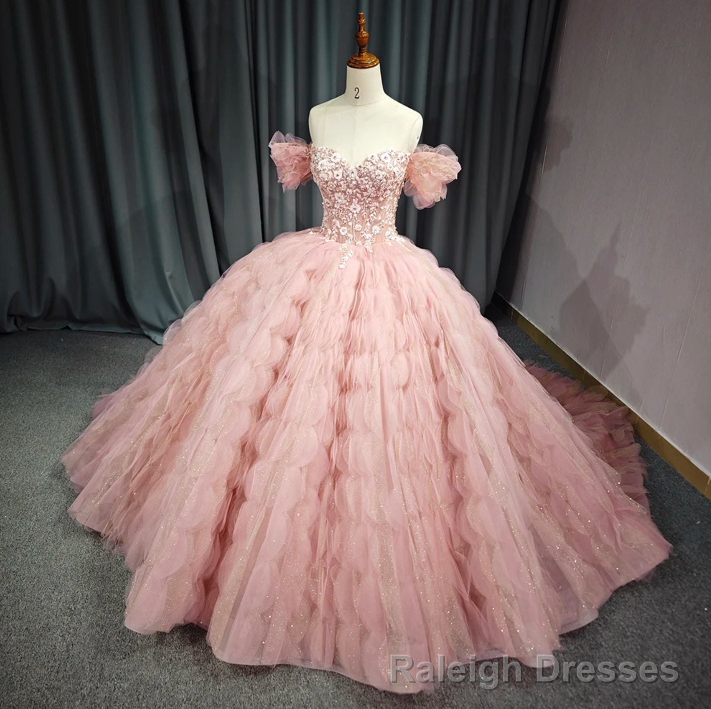Tulle Tufted Pink Floral Quinceaera Ball Gown Dress Main image