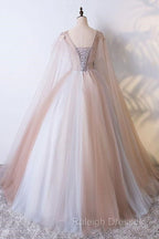 Tulle V Neck Appliques Champagne Long Sleeves Flower Prom Dresses