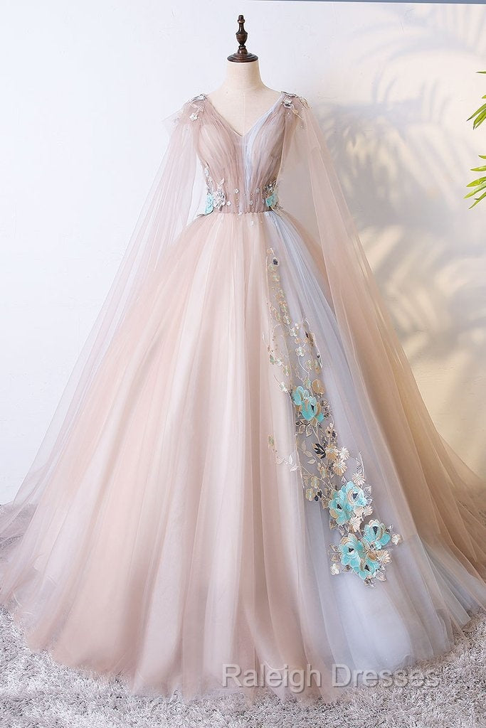 Tulle V Neck Appliques Champagne Long Sleeves Flower Prom Dresses