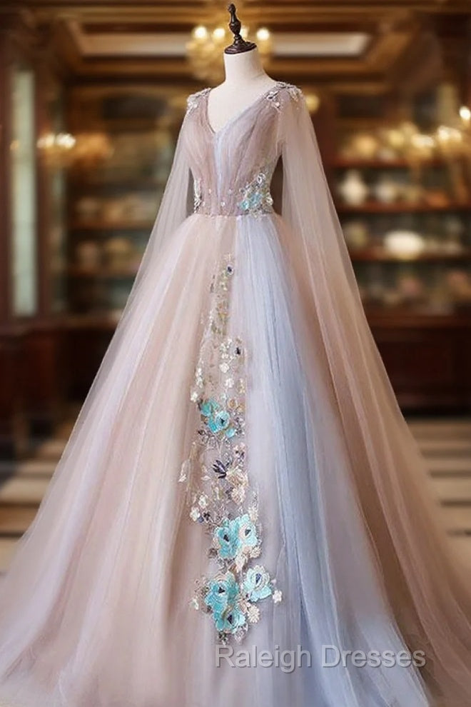 Tulle V Neck Appliques Champagne Long Sleeves Flower Prom Dresses