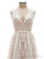 Tulle V-Neck Appliques Lace Wedding Dresses