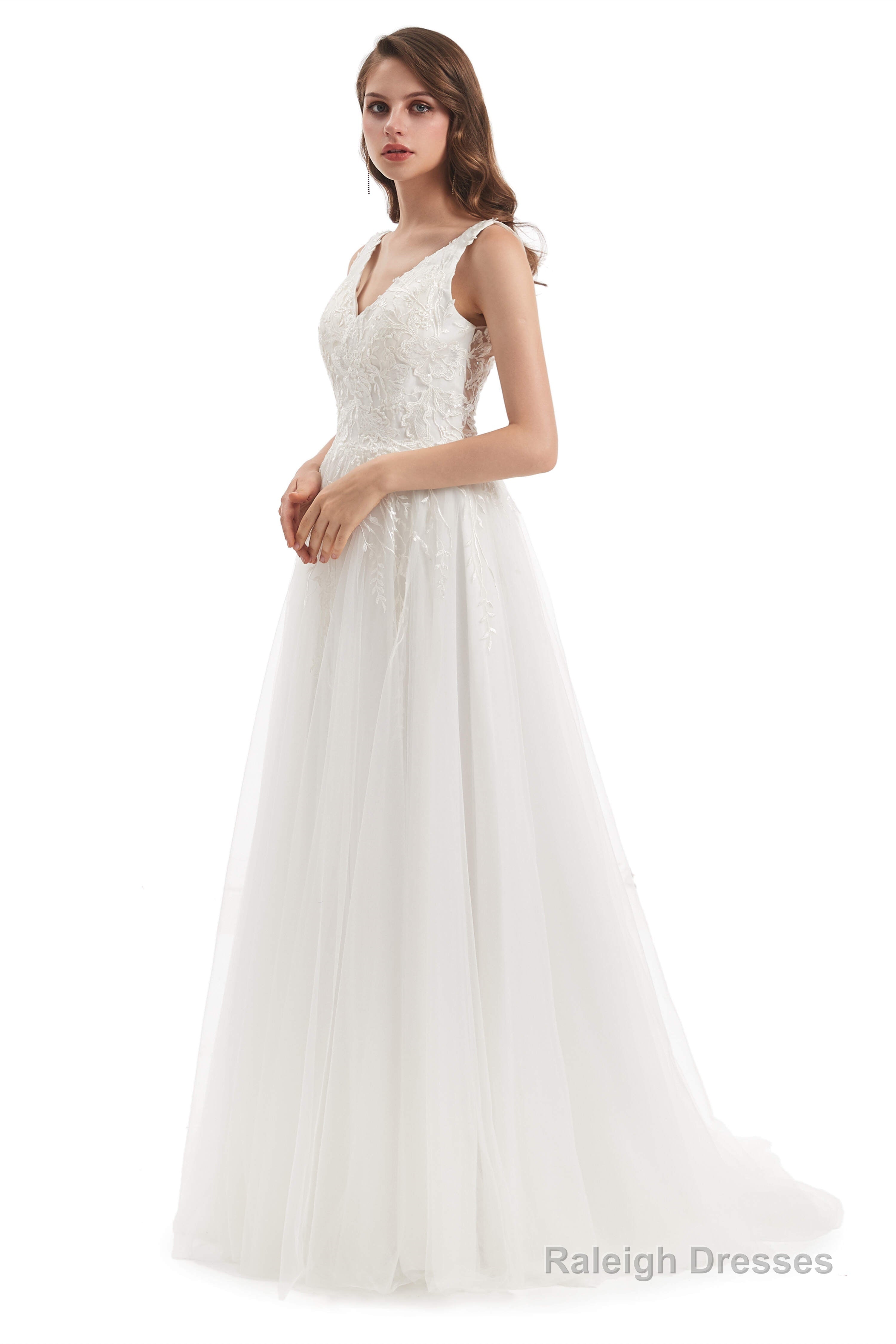 Tulle Lace V-neck Backless Wedding Dresses