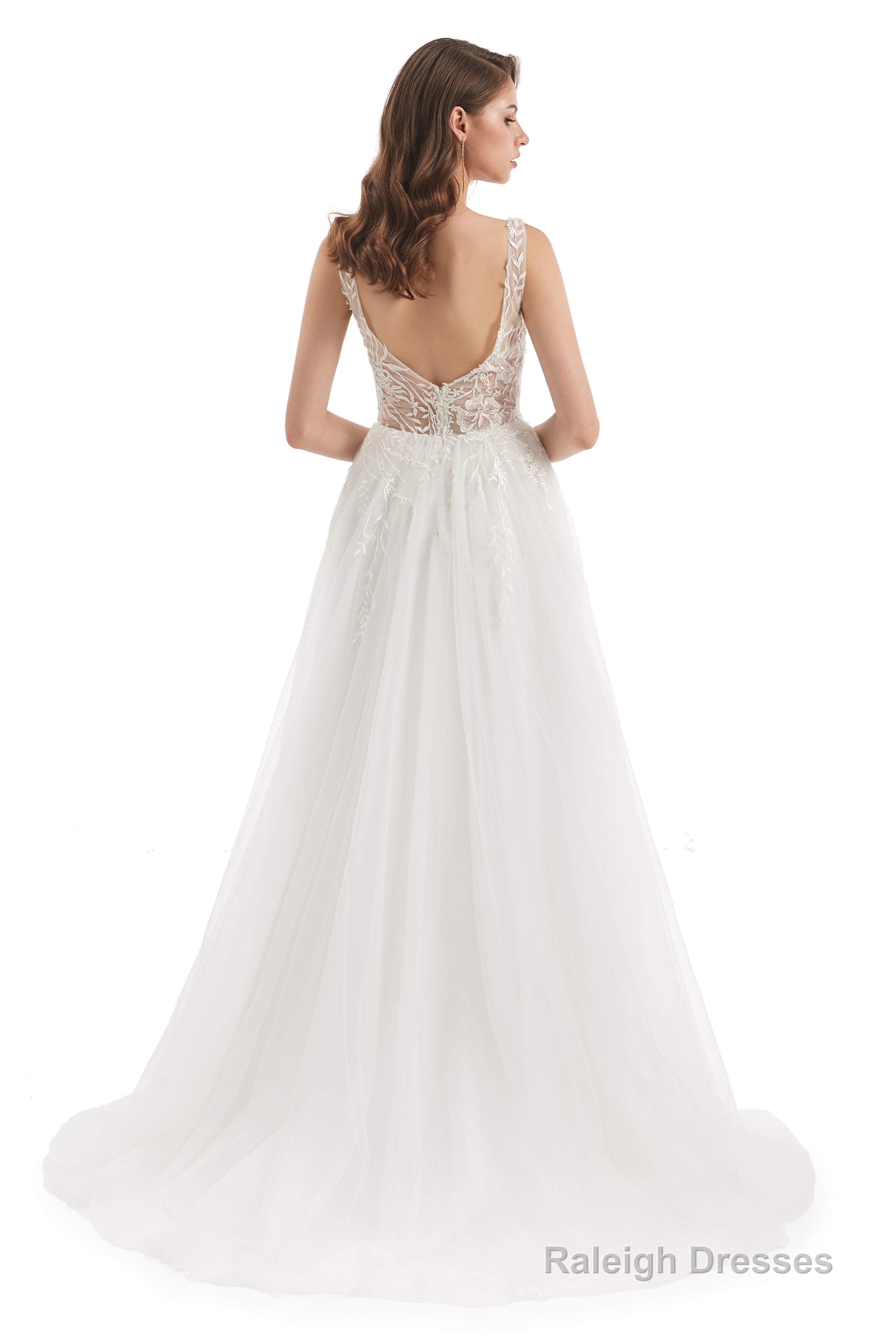 Tulle Lace V-neck Backless Wedding Dresses