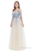 Tulle V-neck Beading Long Prom Dresses