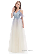 Tulle V-neck Beading Long Prom Dresses