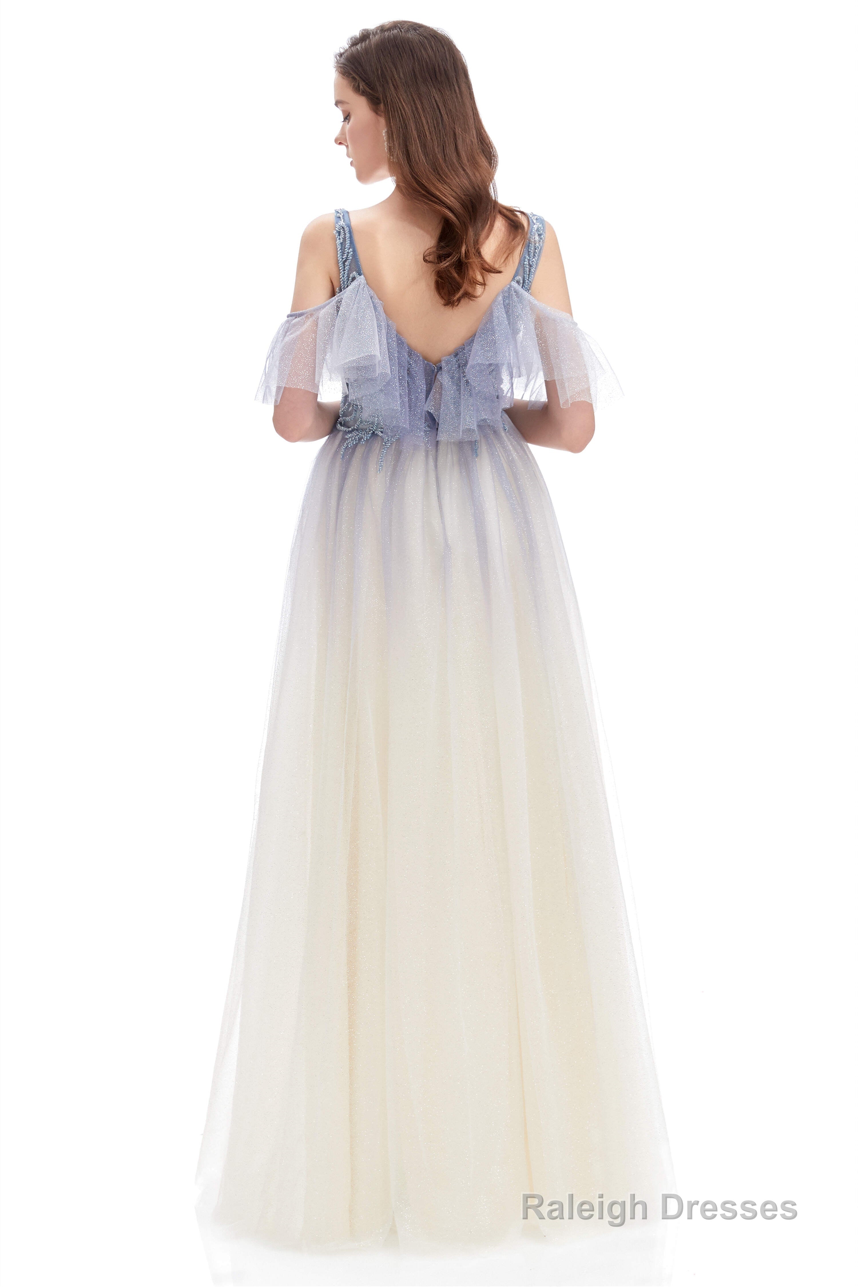 Tulle V-neck Beading Long Prom Dresses