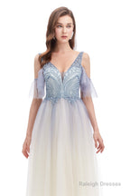 Tulle V-neck Beading Long Prom Dresses