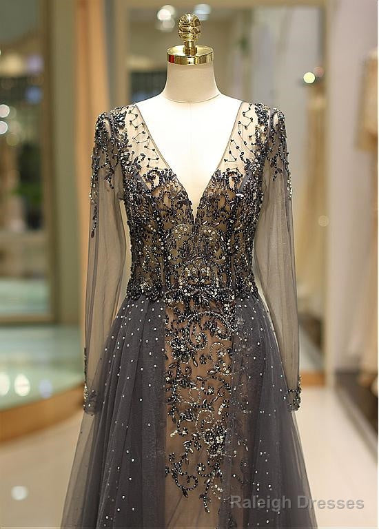 Tulle V-Neck Long Sleeve A-Line Evening Dress With Beadings Secondary image