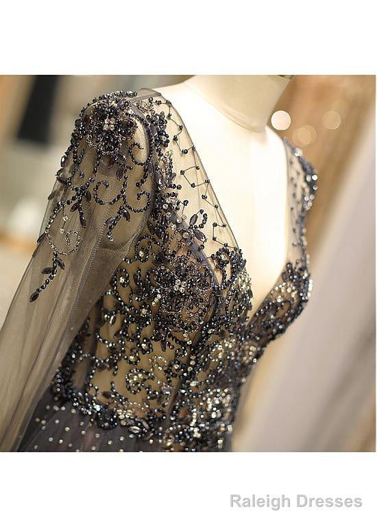 Tulle V-Neck Long Sleeve A-Line Evening Dress With Beadings