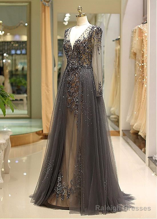Tulle V-Neck Long Sleeve A-Line Evening Dress With Beadings