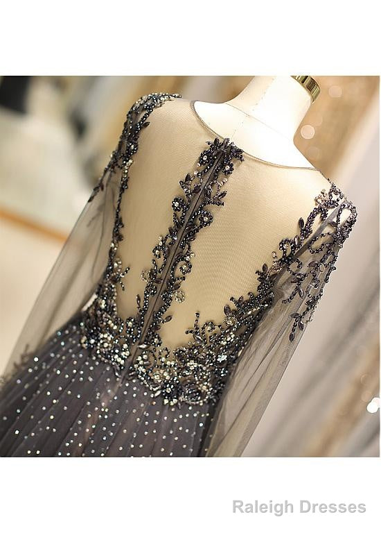 Tulle V-Neck Long Sleeve A-Line Evening Dress With Beadings