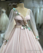 Tulle V Neck Long Sleeves Ball Gown With 3D Flowers