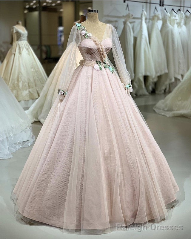 Tulle V Neck Long Sleeves Ball Gown With 3D Flowers Main image