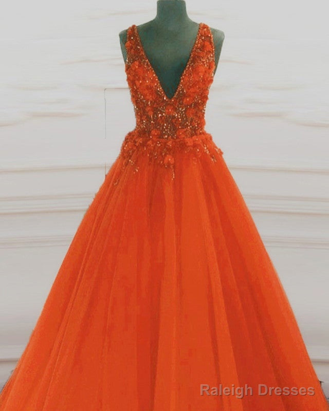 Tulle V Neck Orange Ball Gown Prom Dresses Secondary image