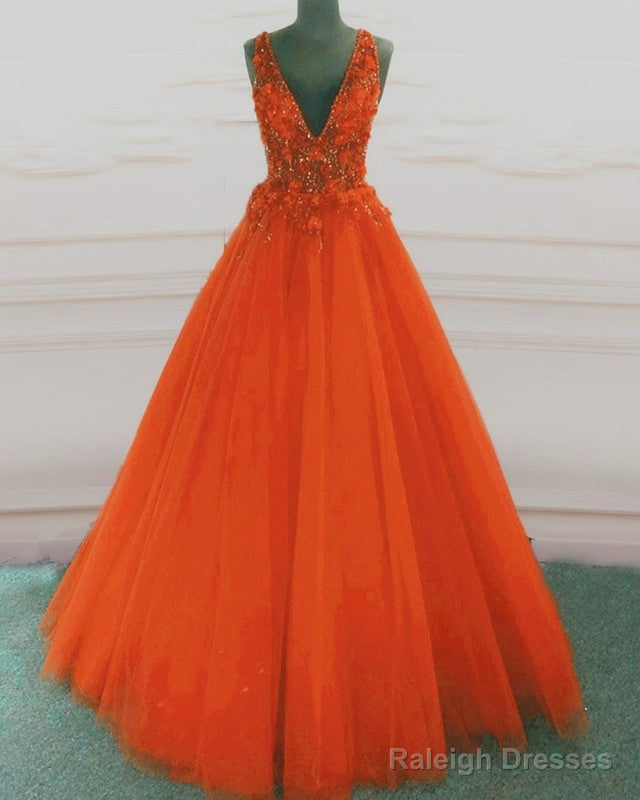 Tulle V Neck Orange Ball Gown Prom Dresses Main image