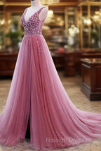 Tulle V Neck Sequins Beaded Dresses With Slit