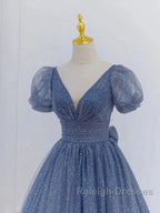 Tulle V Neck Short Sleeve Blue Sparkle Prom Dresses With Bow