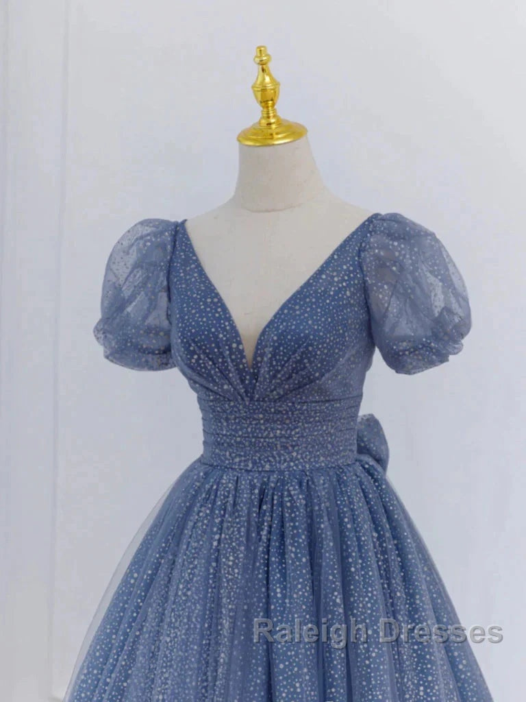Tulle V Neck Short Sleeve Blue Sparkle Prom Dresses With Bow