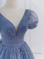 Tulle V Neck Short Sleeve Blue Sparkle Prom Dresses With Bow