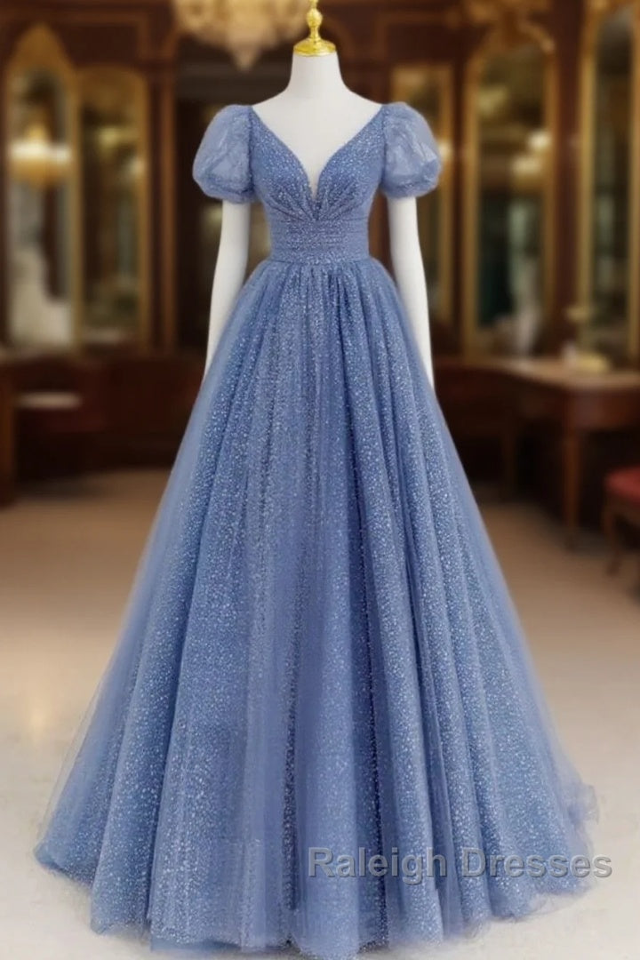 Tulle V Neck Short Sleeve Blue Sparkle Prom Dresses With Bow Main image