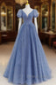 Tulle V Neck Short Sleeve Blue Sparkle Prom Dresses With Bow