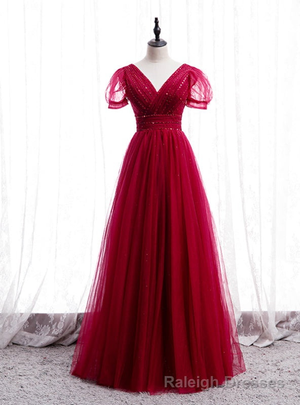 Tulle V-neck Short Sleeve Pleats Beading Sequins Prom Dress