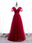 Tulle V Neck Short Sleeve Pleats Beading Sequins Prom Dress