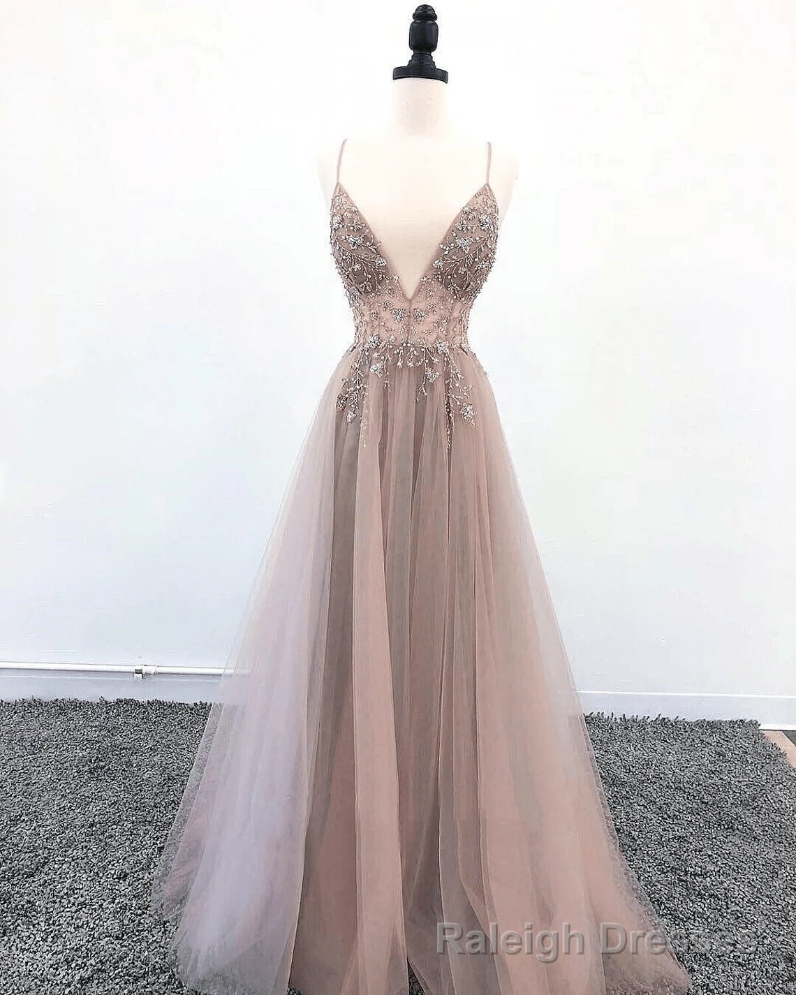 Tulle V-neckline Straps Beaded Low Back Long Formal Dress Tulle Prom Dress prom dresses shops Main image