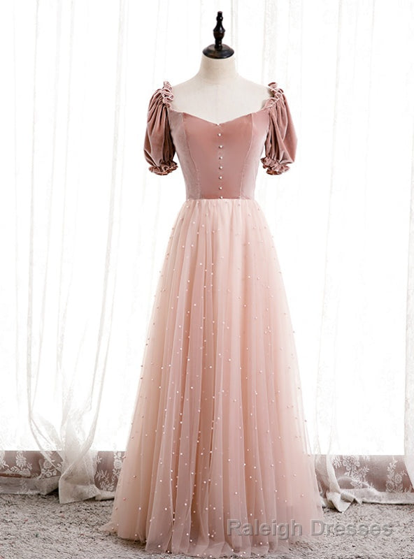 Tulle Velvet Short Sleeve Square Pearls Prom Dress Main image