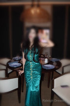 Turqoise Mermaid Halter Satin Beaded Prom Dresses Long Retro V-Neck Rhinestone Prom Gowns