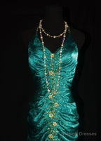 Turqoise Mermaid Halter Satin Beaded Prom Dresses Long Retro V-Neck Rhinestone Prom Gowns