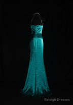 Turqoise Mermaid Halter Satin Beaded Prom Dresses Long Retro V-Neck Rhinestone Prom Gowns