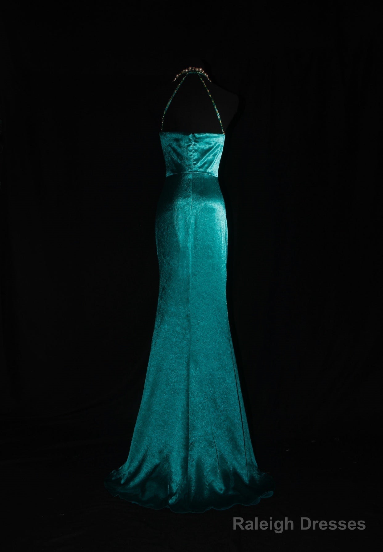 Turqoise Mermaid Halter Satin Beaded Prom Dresses Long Retro V-Neck Rhinestone Prom Gowns