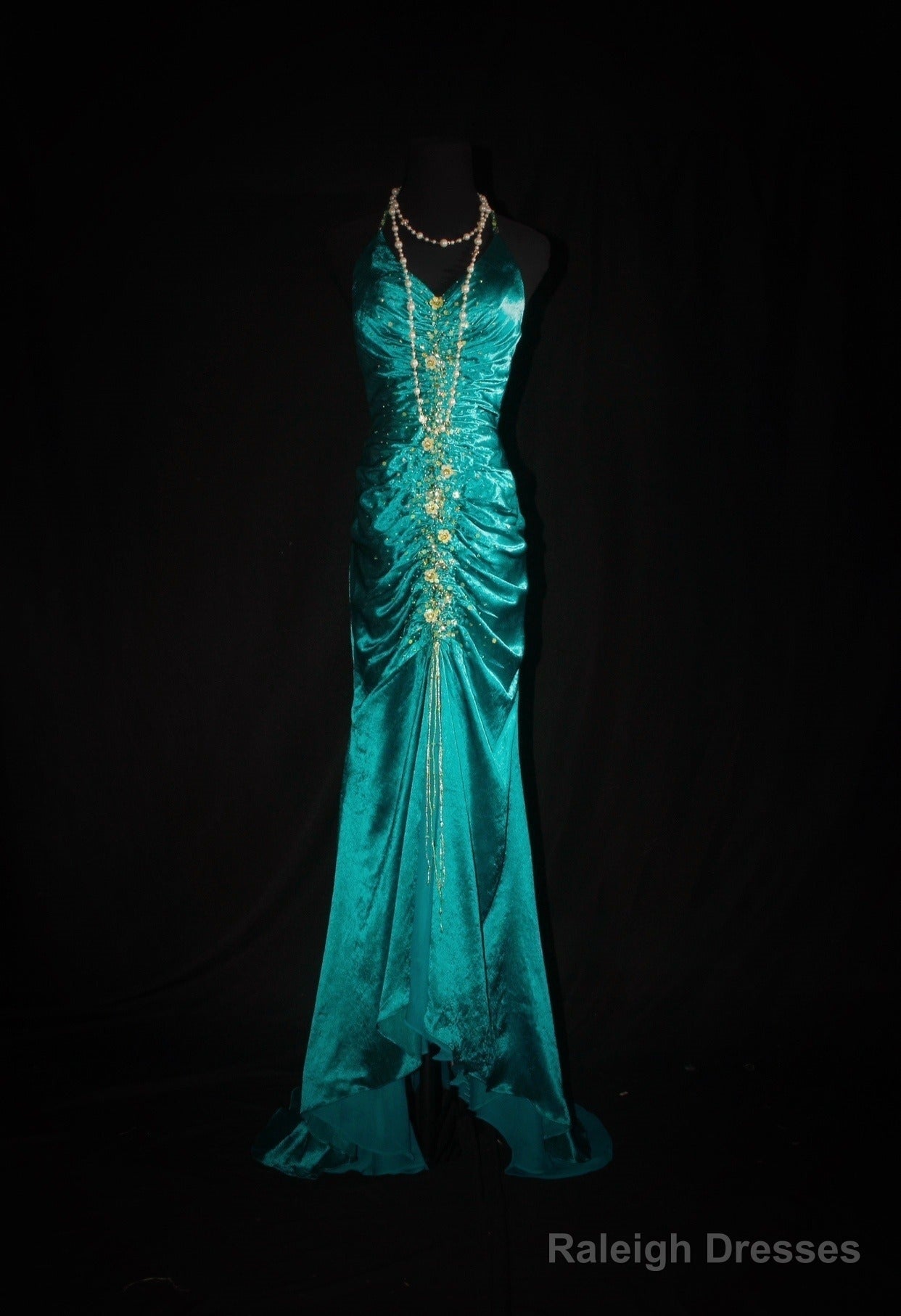 Turqoise Mermaid Halter Satin Beaded Prom Dresses Long Retro V-Neck Rhinestone Prom Gowns