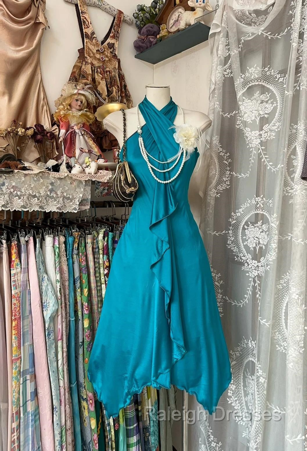 Turquoise A-Line Halter Satin Prom Dress Sexy Sleeveless Party Dress