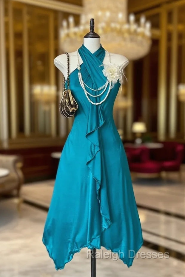 Turquoise A-Line Halter Satin Prom Dress Sexy Sleeveless Party Dress Main image