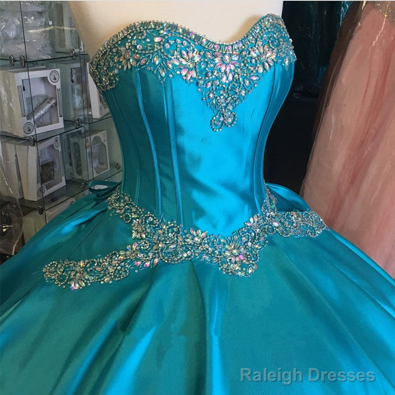 Turquoise Blue Satin Sweetheart Ball Gowns Quinceanera Dresses Crystal Beaded Secondary image